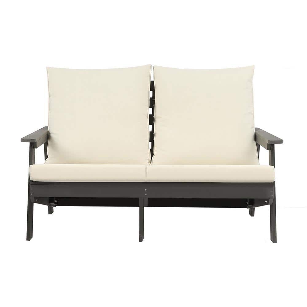 HDPE 1-Piece Wood Grain Outdoor Patio Loveseat with White/Grey Cushion