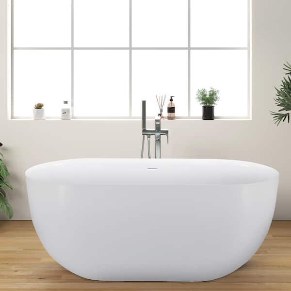 Mokleba 59 in. Acrylic Flatbottom Double Ended Bathtub Oval Freestanding Soaking Bathtub in White
