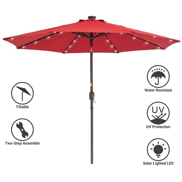 9 ft. Solar Lighted LED Outdoor Patio Market Table Umbrella in Red, UV-Resistant Canopy and Tilt Button
