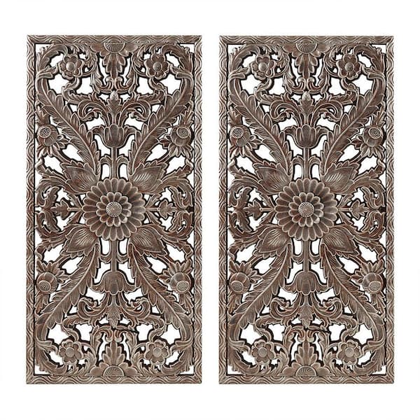 Unbranded 2-Piece 15.75 in. x 31.5 in. Framed Distressed Carved Wooden Wall Art Decor Set, Bronze