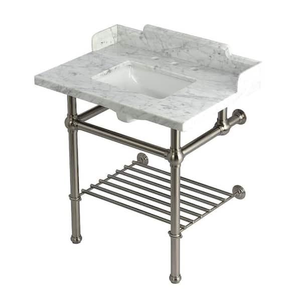 Kingston Brass Pemberton 30 in. Marble Console Sink with Brass Legs in Marble White Brushed Nickel