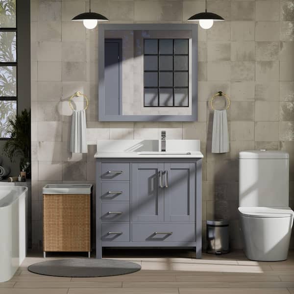 Jacques 36 in. W x 22 in. D Right Offset Dark Grey Bath Vanity, Cultured Marble Top, Faucet Set, and 34 in. Mirror