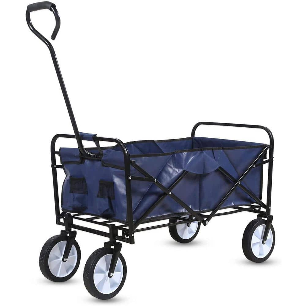 Wildaven 2 cu. ft. Blue Fabric Heavy-Duty Rolling Collapsible Garden Cart with 360-Degree Swivel Wheels and Adjustable Handle