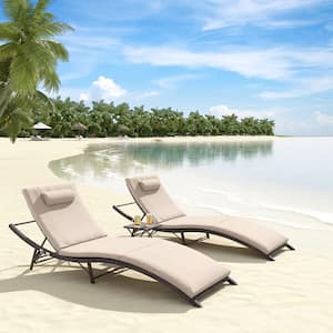 3-Piece Wicker Outdoor Adjustable Chaise Lounge with Cushion Sand