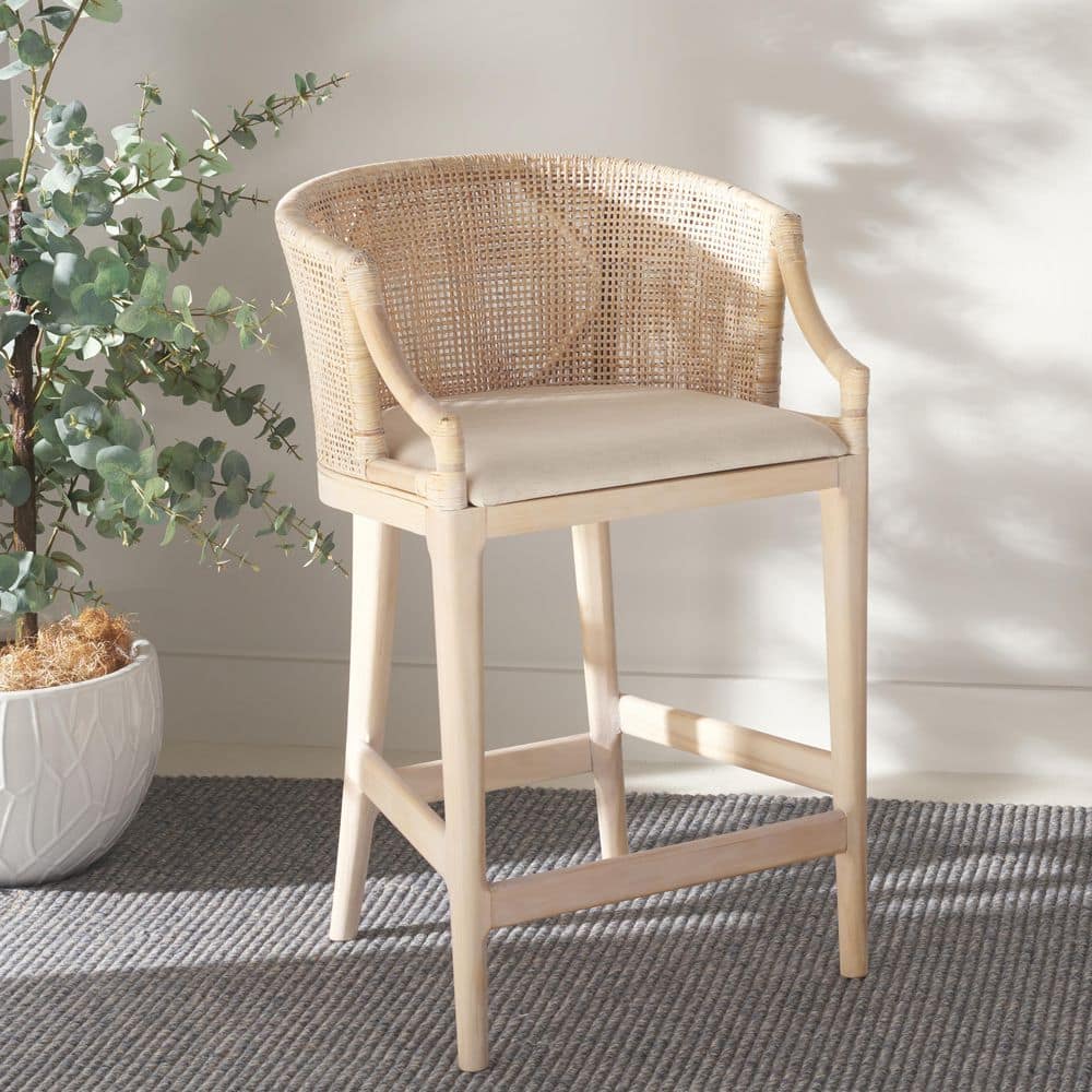 Natural White Wash Rattan and Faux Leather Extra Tall Stool