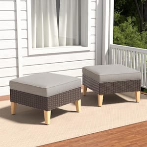Brown Wicker Outdoor Ottoman with Cushion Guard Gray Cushions