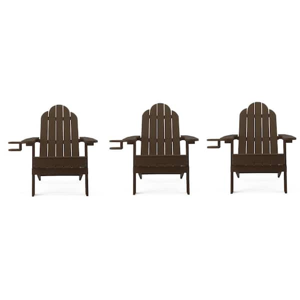 LUE BONA Coffee Brown Foldable Plastic Outdoor Patio Adirondack Chair with Cup Holder for Garden/Backyard/Pool/Beach (Set of 3)