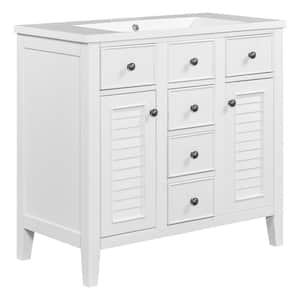 35 in. W x 17.9 in. D x 33.4 in. H Freestanding Bath Vanity in White with White Ceramic Single Sinks and 5 Drawers
