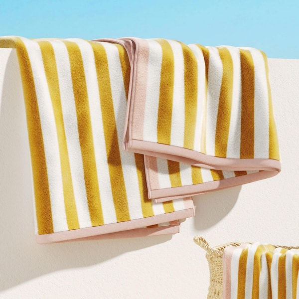 Marigold / Dusty Rose 100% Cotton Stripe Border 2-Pack Oversized Beach and Pool Towels