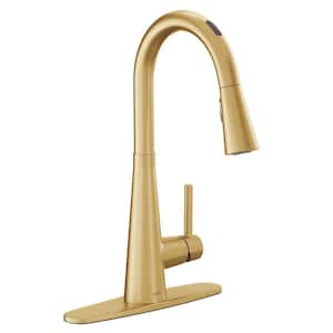 Sleek Single Handle Smart Touchless Pull Down Sprayer Kitchen Faucet with Voice Control and Power Clean in Brushed Gold