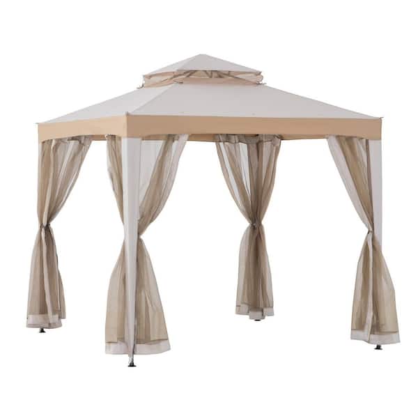 8 ft. x 8 ft. Outdoor Backyard Modern Grey 2-Tier Steel Frame Soft Top Gazebo with Mesh Netting for Patio (Grey/Khaki)
