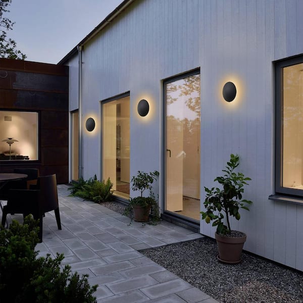 2-Pack 8 in. Black Aluminum Round Disc LED Indoor Outdoor Hardwired Wall Lantern Sconce