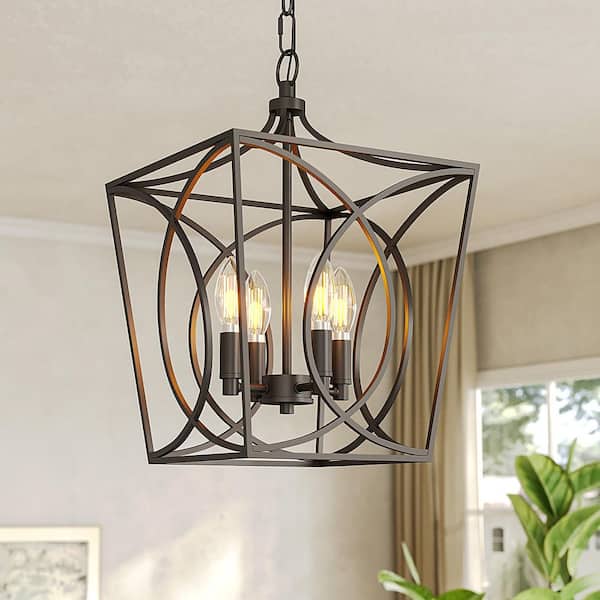 12 in. 4-Light Black Farmhouse Pendant Light, Open Cage Metal Chandelier for Kitchen Island, Dining Room, Foyer