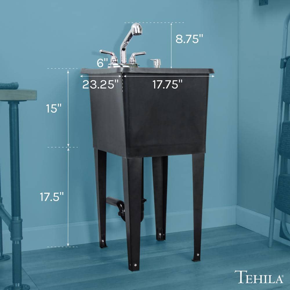 Black Freestanding Utility Sink with Chrome Faucet and Metal Legs