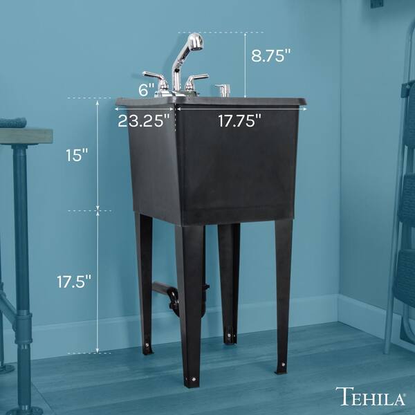 TEHILA 17.75 in. x 23.25 in. Thermoplastic Freestanding Utility Sink - Black with Chrome Faucet & Soap Dispenser