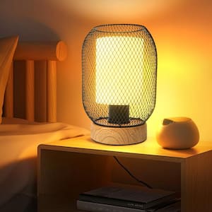 9 in. Black Modern Uplight Desk Lamp Double Layer Lampshade Wooden Base Rocker Switch Including Tricolor Bulb (Set of 2)