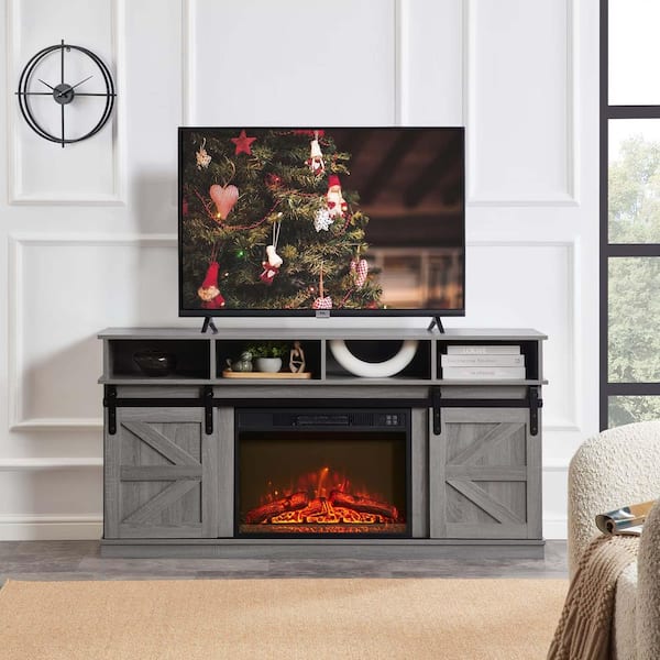 58 in. W Freestanding Electric Fireplace Farmhouse TV Stand with Open Shelves in Grey