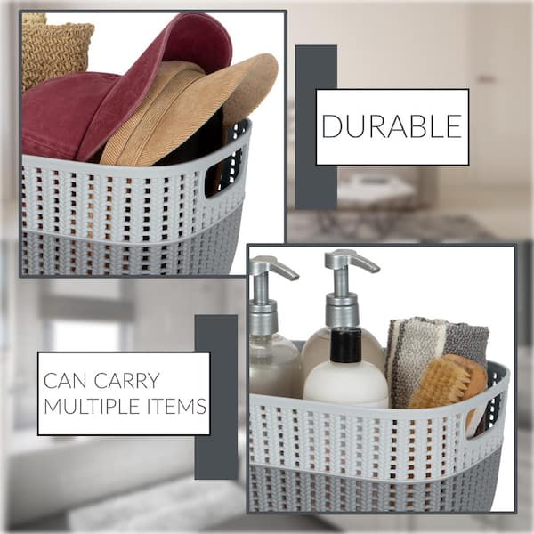 Storage Basket Weave Large Plastic Bin Cut Out Handles With Lid 4Count Grey