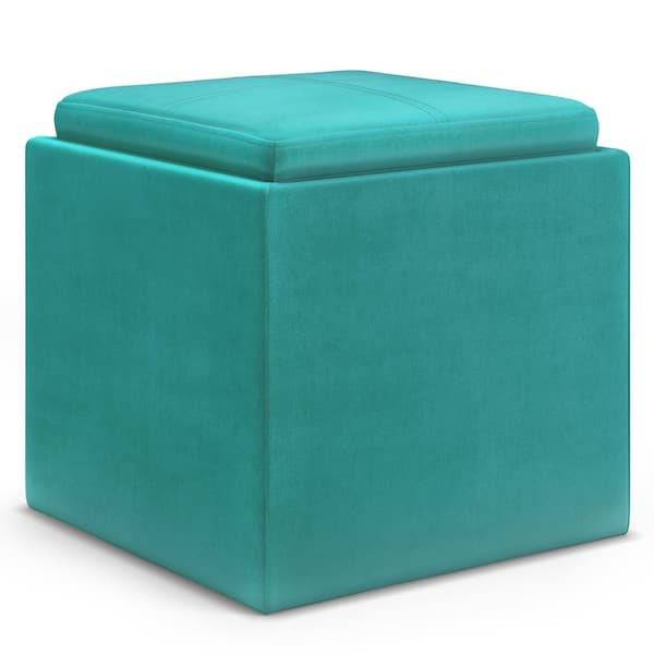 Simpli Home Owen Square Coffee Table Storage Ottoman in Blue Velvet Fabric