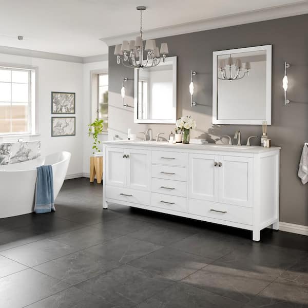 Eviva Aberdeen 84 in. W x 22 in. D x 34 in. H Double Bath Vanity in White with White Carrara Quartz Top with White Sink