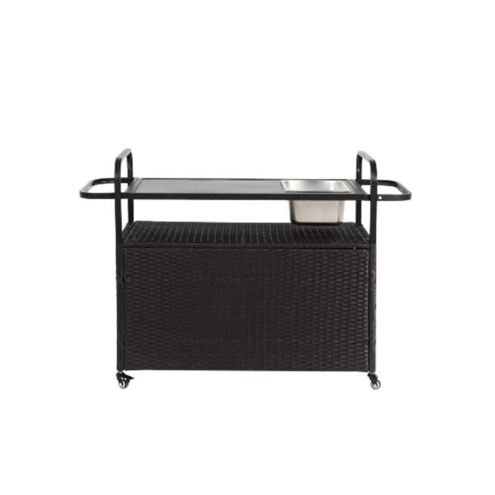 Wicker Outdoor Bar Cart with Steel Top, Wicker Cabinet, Lockable Wheels, Ice Bucket & Side Basket for Poolside, Black price history on PriceWatchPro