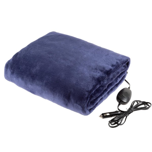 Stalwart Blue Polyester 12 Volt Electric Heated Car Blanket Travel Throw Fleece