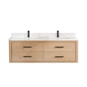 Cristo 60 in. W x 22 in. D x 20.6 in. H Double Sink Bath Vanity in Fir Wood Brown with White Quartz Stone Top