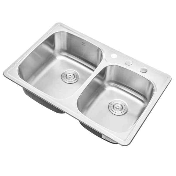 Topmount Drop-In 18G Stainless Steel 33-1/8 in. 3-Faucet Hole 60/40 Double Bowl Kitchen Sink with Colander and Strainer