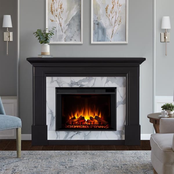 Real Flame Merced Grand 61 in. Freestanding Wooden Electric Fireplace in Black
