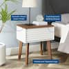 Infographic of a walnut and white end table showing features.