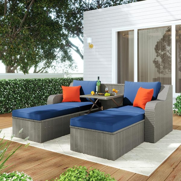 Wateday Outdoor Gray 3-Piece Wicker Patio Conversation Set with Blue Cushions