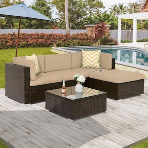 5-Pieces PE Rattan Wicker Outdoor Conversation Sectional Sofa Sets Sofa Sets With Tempered Glass Table in Beige
