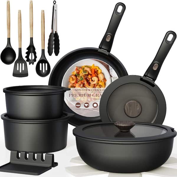 Stackable Oven-Safe Induction-Ready Detachable-Handle Ceramic 21-Piece Aluminum Nonstick Cookware Set in Black
