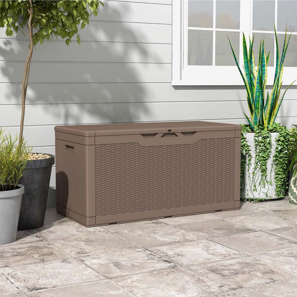 Light Brown Lockable Wicker Resin Deck Box, 100 Gallon