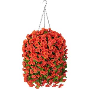 25 in. Orange Indoor/Outdoor Artificial Faux Hanging Morning Glory Flowers Fake Silk Flowers UV Resistant in White Pot