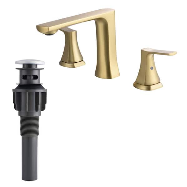 AIMADI 8 in. Widespread Double Handle Bathroom Faucet with Drain Assembly 3 Hole Brass Bathroom Sink Taps in Brushed Gold
