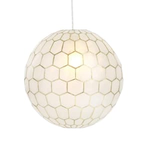 15 in. H Capiz Honeycomb Globe Pendant Light in White & Antique Gold