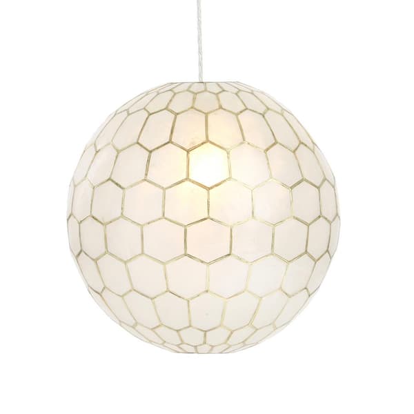 16 in. H Capiz Honeycomb Globe Pendant Light in White and Antique Gold