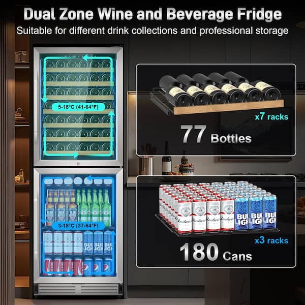 24 in. Dual Zone 77-Bottle and 180-Can Built-In/Freestanding Beverage and Wine Cooler in Stainless Steel