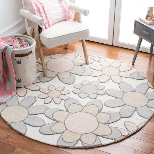 Kids 5 ft. x 5 ft. Ivory/Pink Oversized Floral Round Area Rug