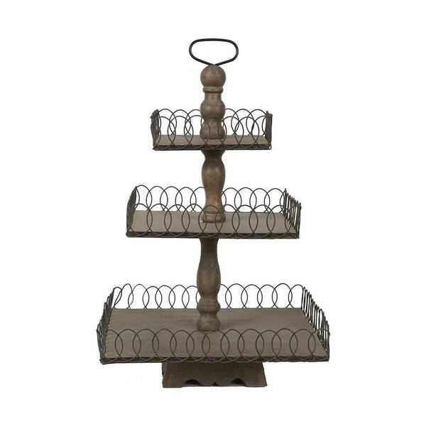 Storied Home Libby Grey Wash Wood and Metal 3-Tier Tray