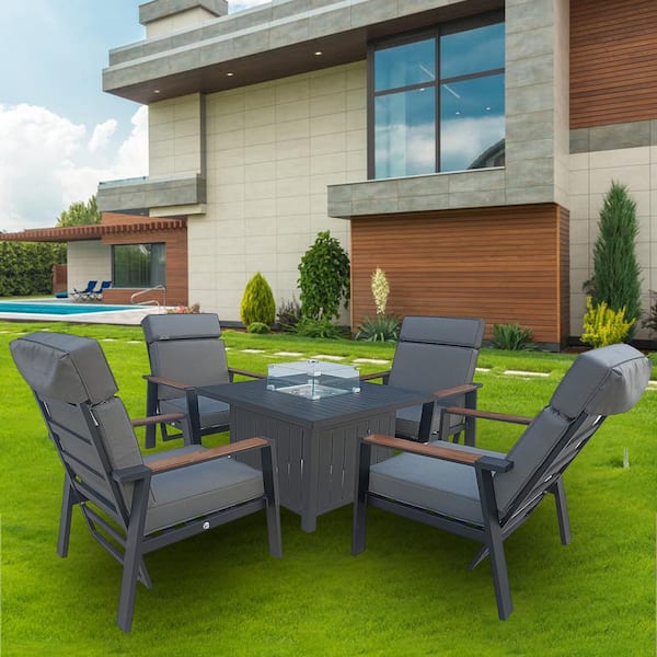PATIOPTION 5-Piece Aluminum Square Patio Fire Pit Sectional Seating Set with Gray Cushion, Recliner Chair, Square Fire Pit Table