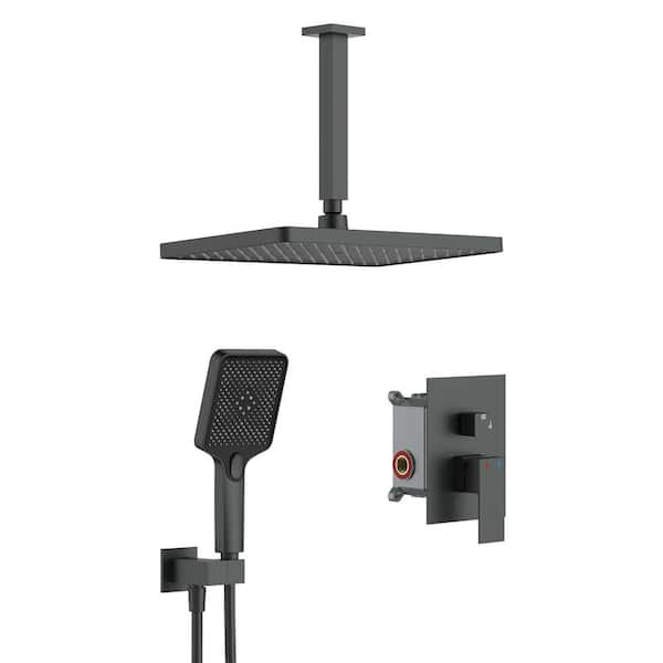 Unbranded Single Handle 2-Spray Ceiling Mount 14.2 in. Shower Faucet 1.8 GPM with High Pressure in Matte Black (Valve Included)