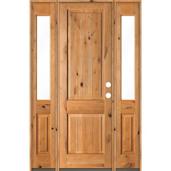 Krosswood Doors 60 in. x 96 in. Rustic Knotty Alder Square Clear Stain Wood V-Groove Left Hand Single Prehung Front Door/Half Sidelites