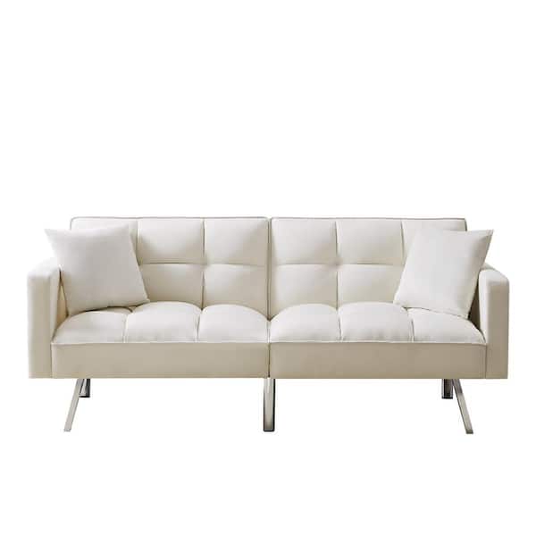 Donason 74.8 in. W Beige Velvet Twin Size Sofa Bed with 2-Pillows