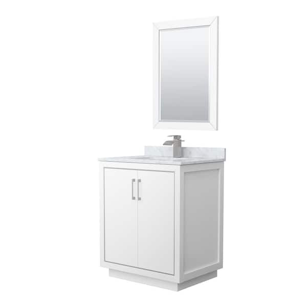 Wyndham Collection Icon 30 in. W x 22 in. D x 35 in. H Single Bath Vanity in White with White Carrara Marble Top and 24" Mirror