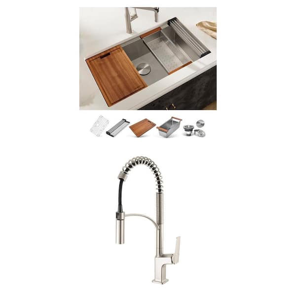 Roma 28 in. Sink Workstation with Seneca Brushed Nickel Pull Down Kitchen Faucet Combo