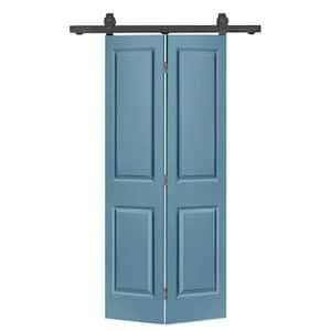 36 in. x 80 in. 2 Panel Dignity Blue Painted MDF Composite Bi-Fold Barn Door with Sliding Hardware Kit