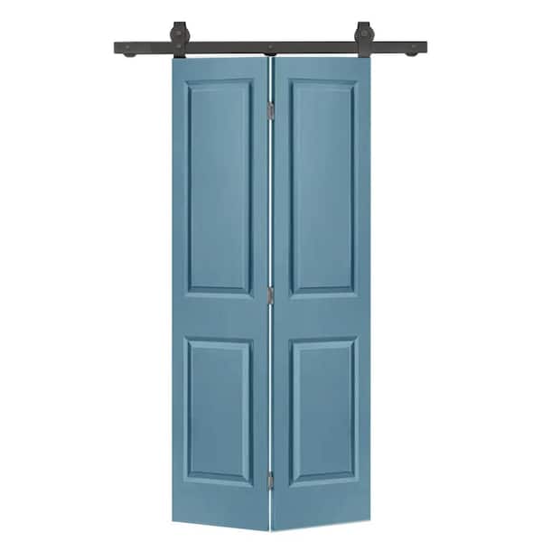 CALHOME 36 in. x 80 in. 2 Panel Dignity Blue Painted MDF Composite Bi-Fold Barn Door with Sliding Hardware Kit