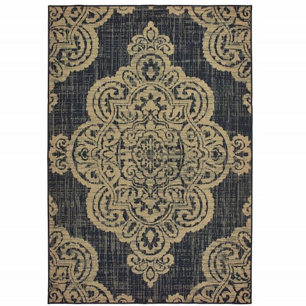 HomeRoots Black, Tan 8 ft. x 11 ft. Loomed Oriental Polypropylene Rectangle Indoor/Outdoor Area Rug